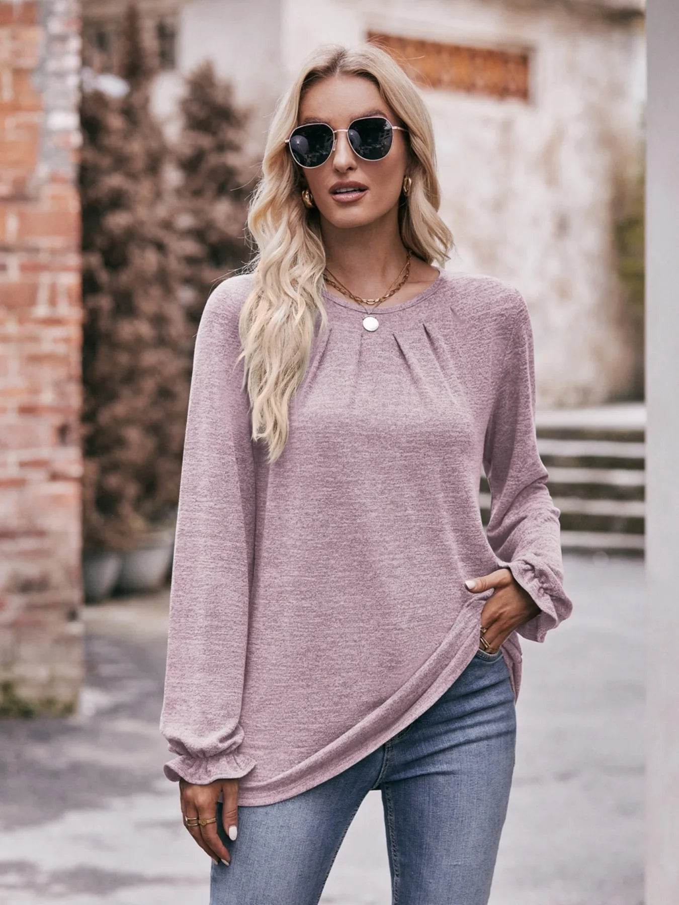 Slightly Stretchy Ruched Round Neck Long Sleeve T-Shirt - Casual Everyday Essential - Store 42
