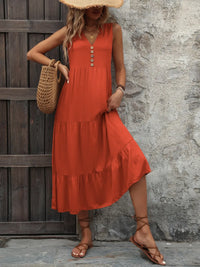 Ivy Lane Decorative Button Notched Sleeveless Dress Orange-Red