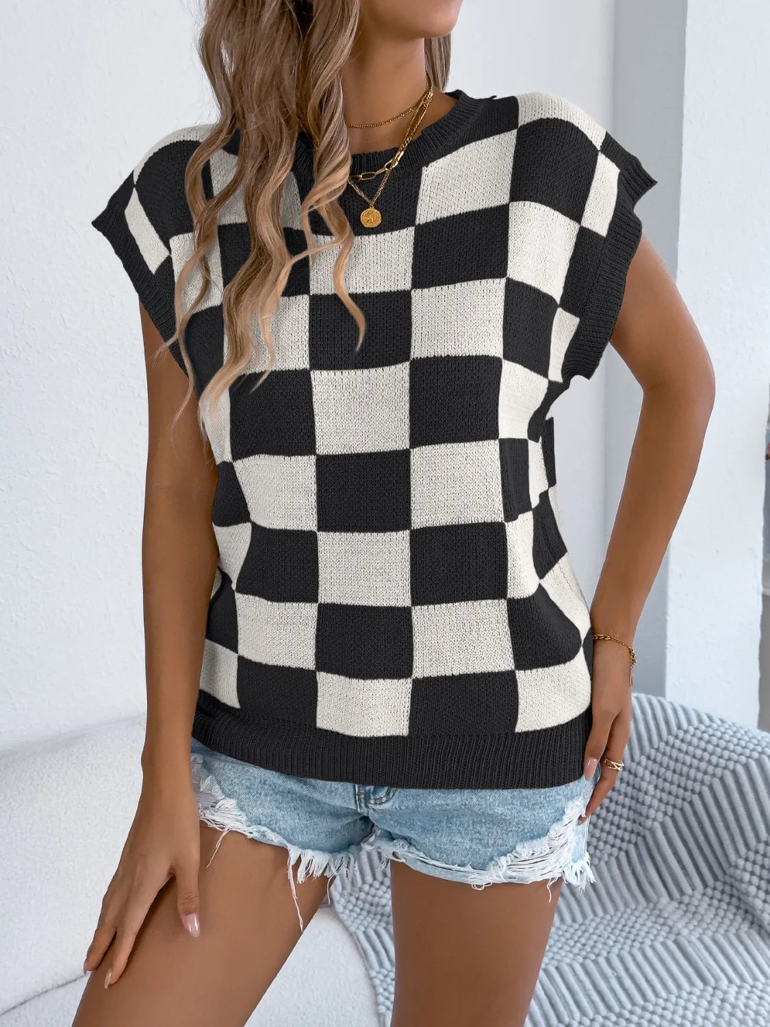 Checkered Round Neck Cap Sleeve Knit Top