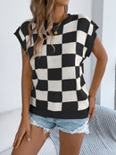 Checkered Round Neck Cap Sleeve Knit Top
