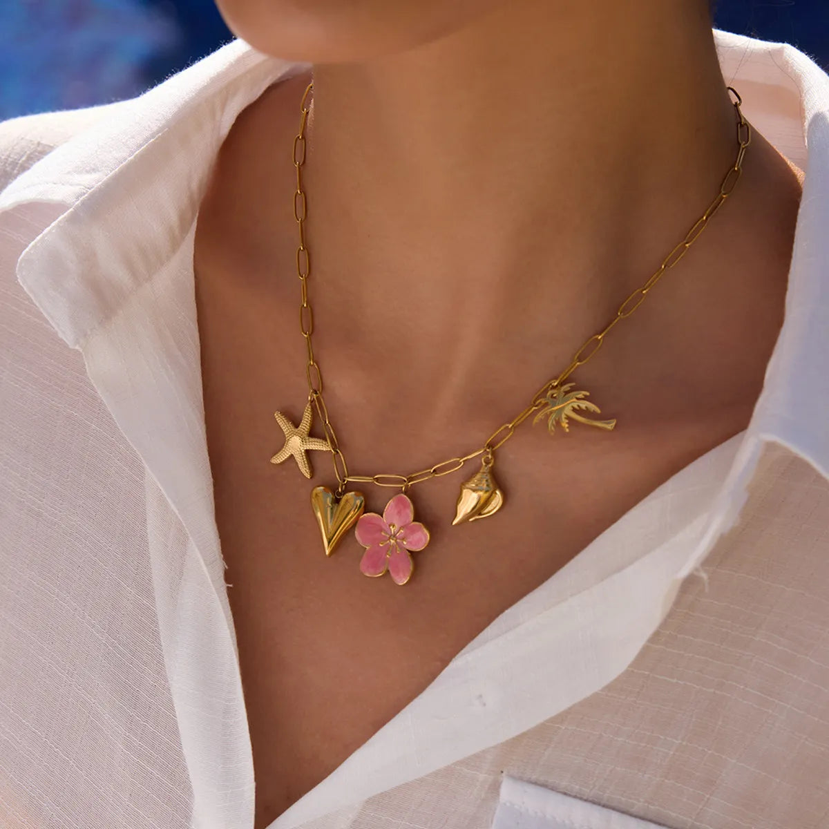 Stunning Beach Theme Pendant Necklace with Pink Resin Flower, Starfish Charm & Seashell Accents
