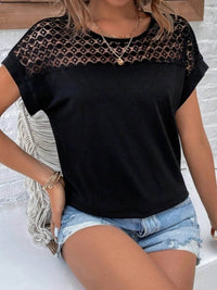 Lace Cutout Round Neck Short Sleeve T-Shirt for Women - 60% Polyester Casual Top - Store 42