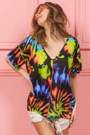 Trendy Tie Dye Print V-Neck Top in Soft Cotton - Chic Jersey Stitched Design - Store 42