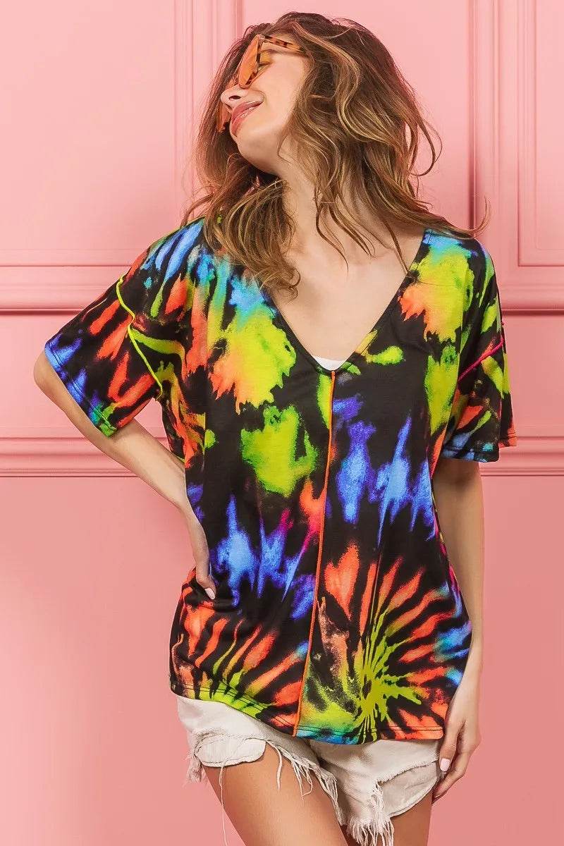 Trendy Tie Dye Print V-Neck Top in Soft Cotton - Chic Jersey Stitched Design - Store 42