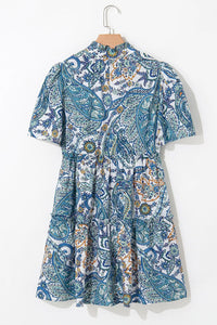 Paisley Floral V Neck Short Sleeve Mini Dress