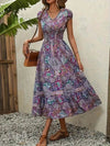 Trendy Plus Size V-Neck Midi Dress with Frill and Smocked Details, 100% Polyester - Store 42