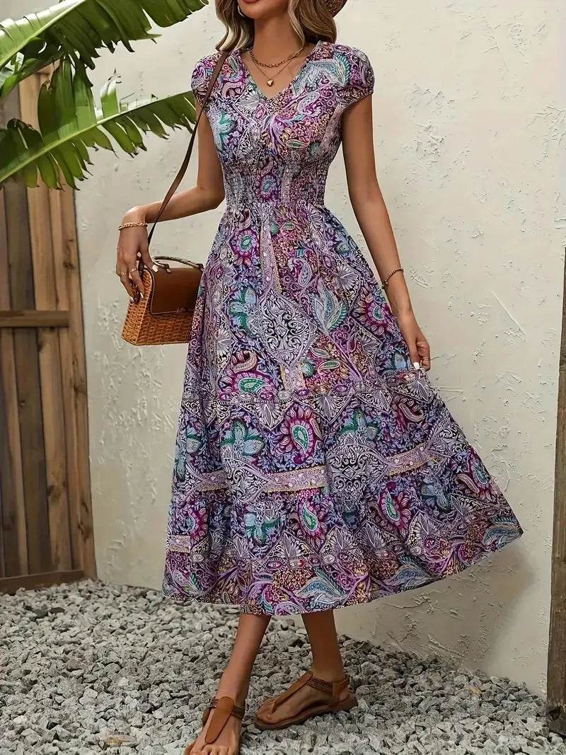 Trendy Plus Size V-Neck Midi Dress with Frill and Smocked Details, 100% Polyester - Store 42