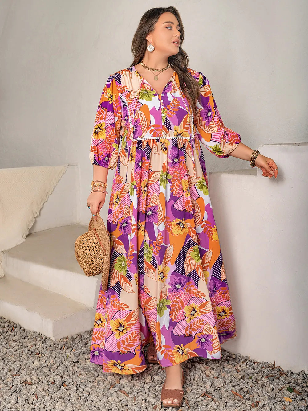 Plus Size Floral Tie Neck Maxi Dress with Slit - Opaque 100% Polyester, Trendy Style