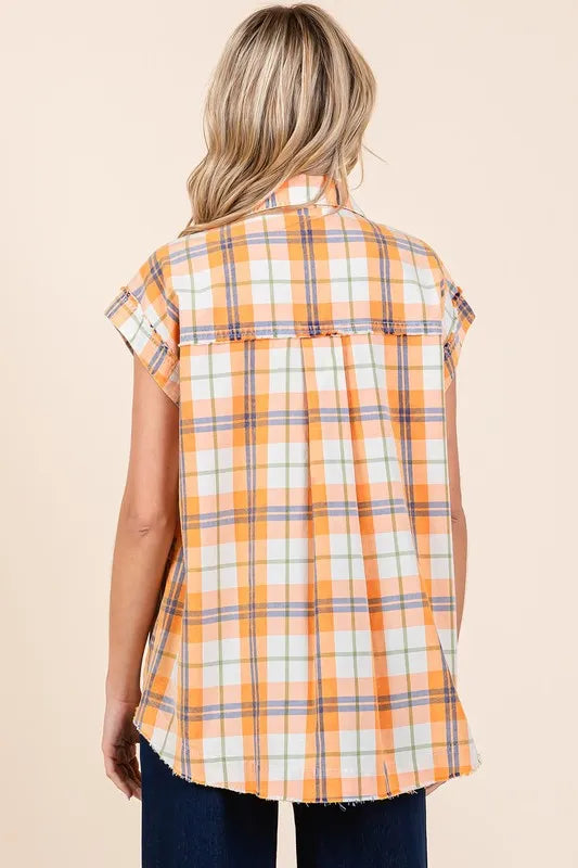 Trendy Mineral Wash Plaid Button Down Shirt with Pocket & Raw Hem - 100% Cotton Casual Wear