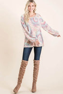 BiBi Pastel Tie Dye Top with Puff Sleeves - Soft Cotton, Relaxed Fit, Casual Chic Style - Store 42