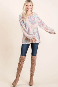 BiBi Pastel Tie Dye Top with Puff Sleeves - Soft Cotton, Relaxed Fit, Casual Chic Style - Store 42