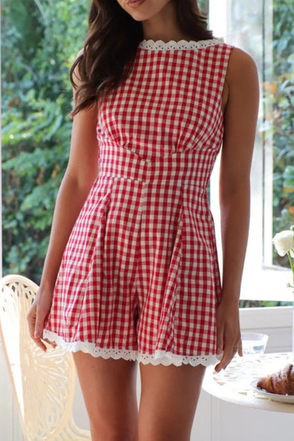 Lace Detail Plaid Sleeveless Romper