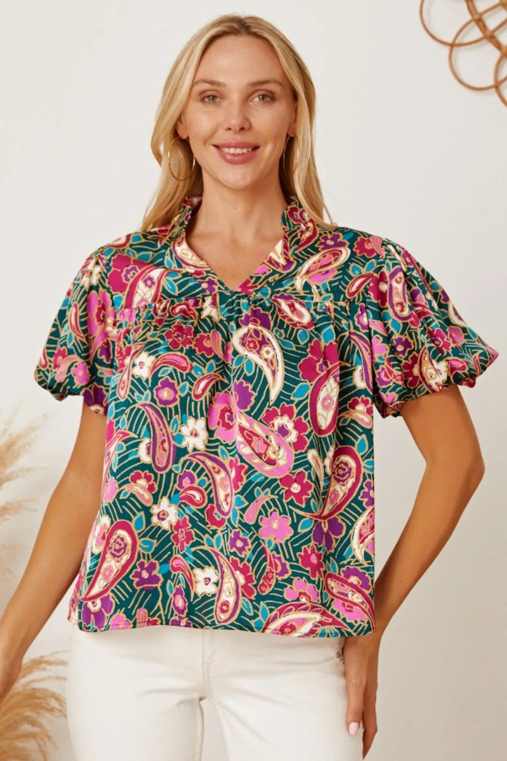 Trendsi Women's Floral Collared Short Sleeve Blouse – Opaque 100% Polyester Top