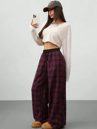 Plaid Wide Leg Pants with Drawstring Waist
