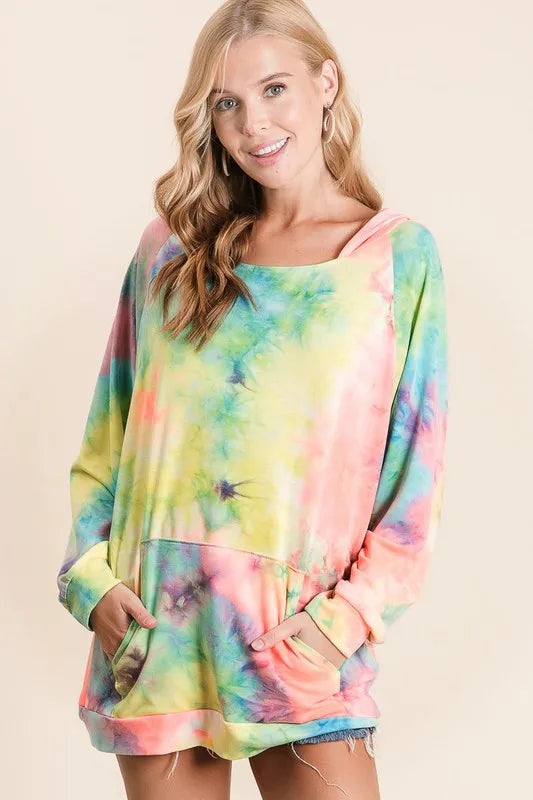 Stylish BiBi Tie Dye Terry Hoodie with Kangaroo Pocket for Cozy Casual Wear