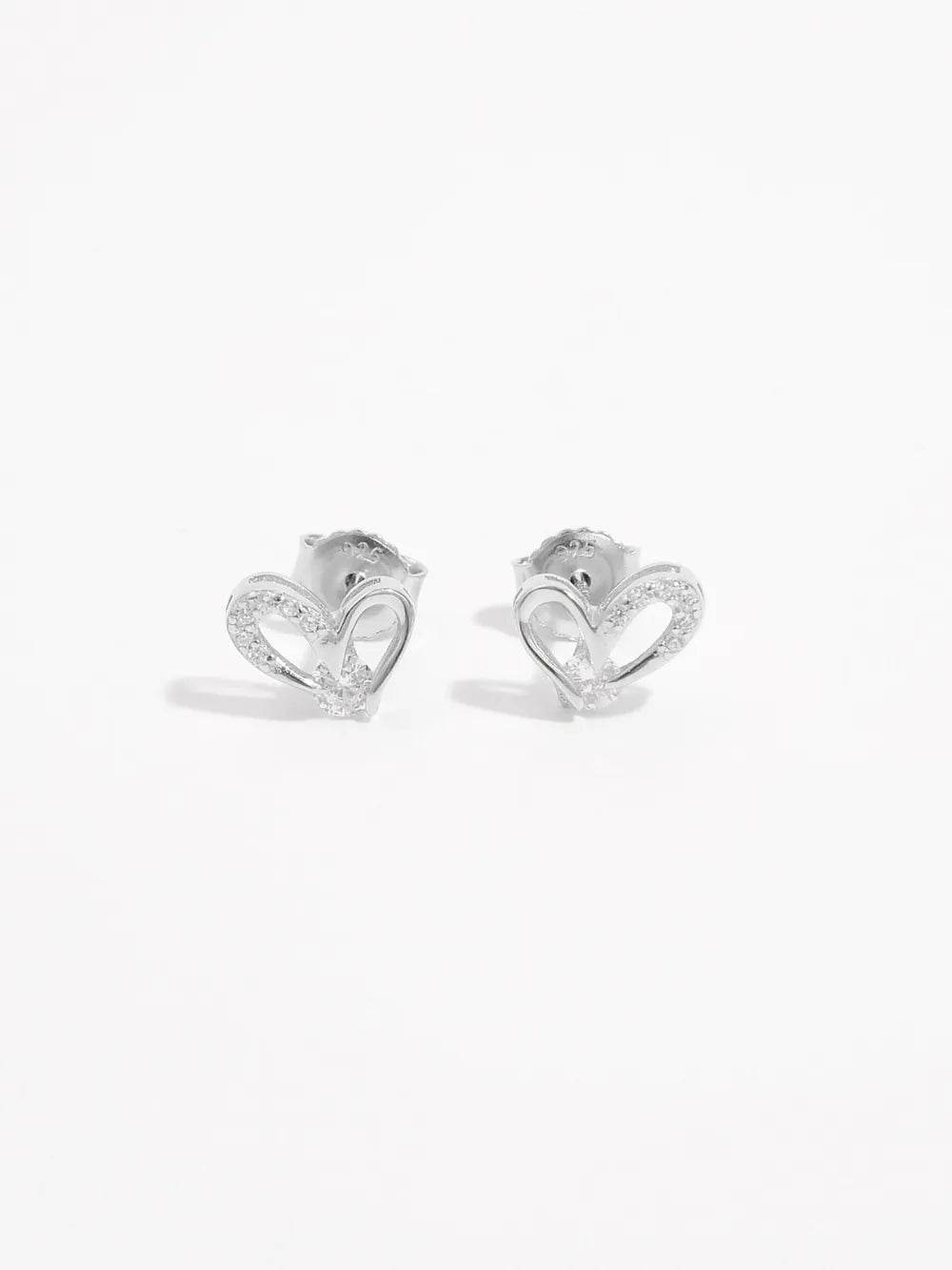 Elegant 925 Sterling Silver Heart Earrings with Inlaid Zircon - Platinum Plated - Store 42