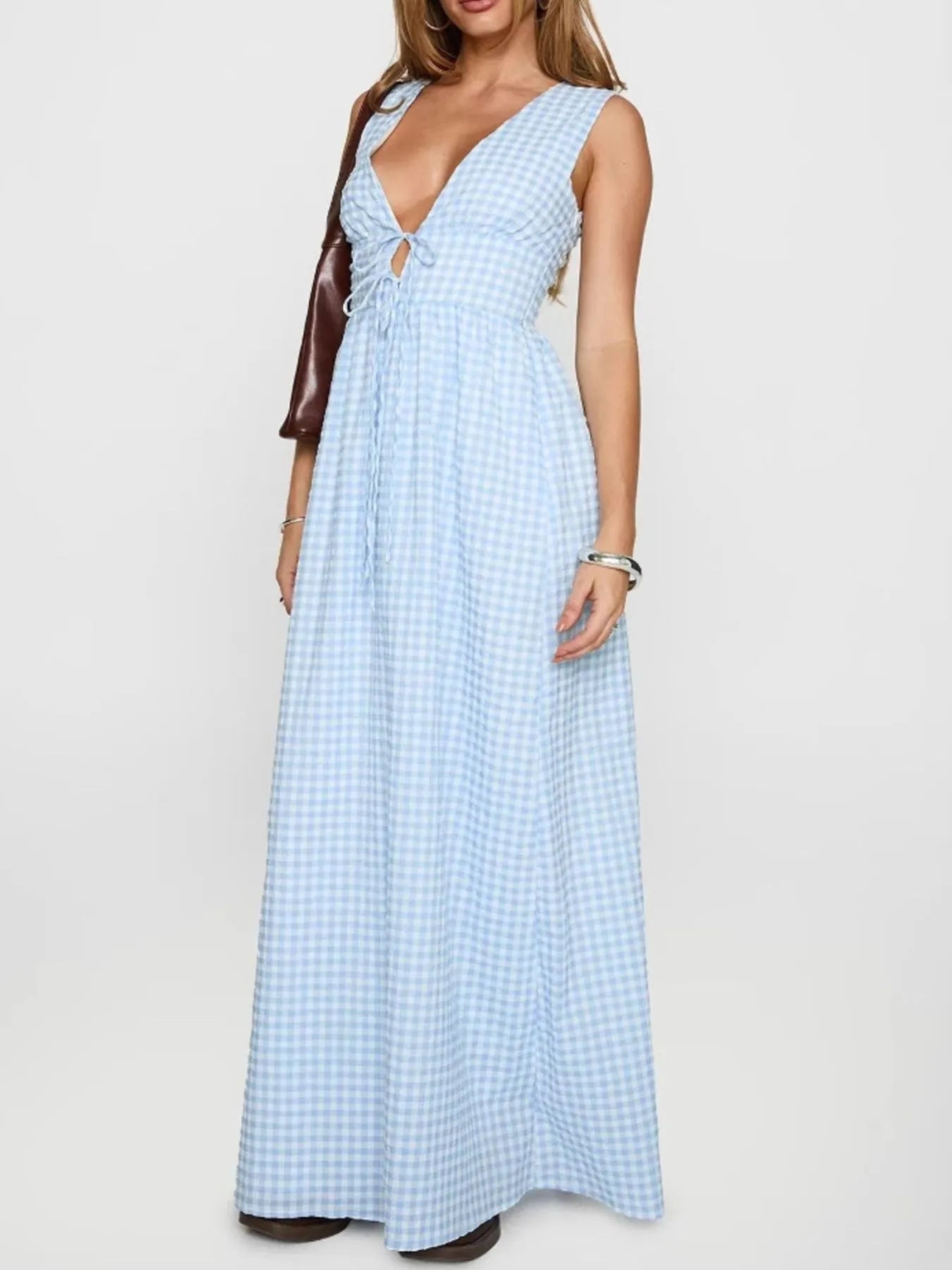 Plaid Maxi Dress with Tie Front and Lace-Up Detail - 100% Polyester, Sleeveless Style