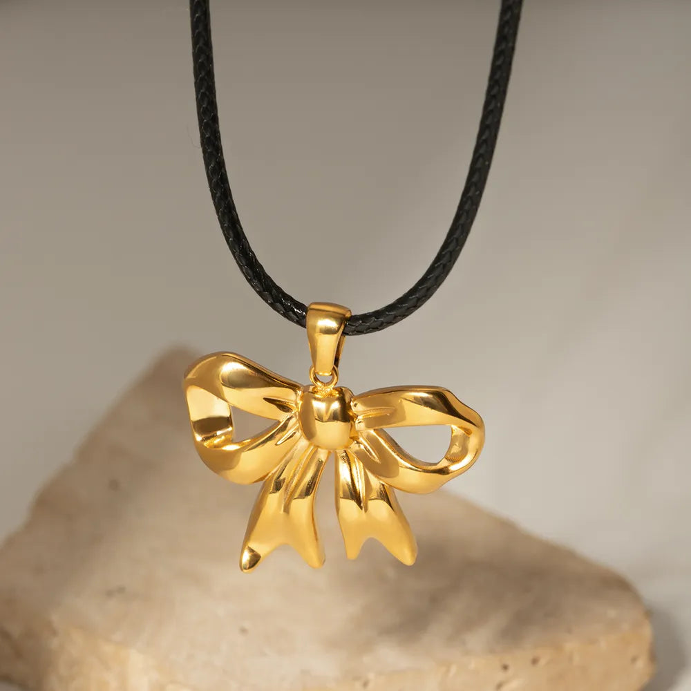 Elegant 18K Gold-Plated Bow Pendant Necklace with Adjustable Wax Rope Chain
