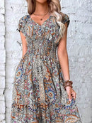 Trendy Plus Size V-Neck Midi Dress with Frill and Smocked Details, 100% Polyester - Store 42