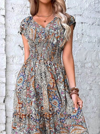 Trendy Plus Size V-Neck Midi Dress with Frill and Smocked Details, 100% Polyester - Store 42
