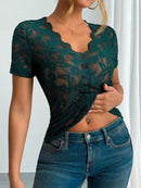 Sheer Lace V-Neck Short Sleeve Top for Women - Slightly Stretchy, Elegant Style - Store 42