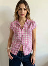 Plaid Cap Sleeve Button-Up Shirt Pink
