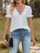 Lace Trim V-Neck Puff Sleeve Blouse