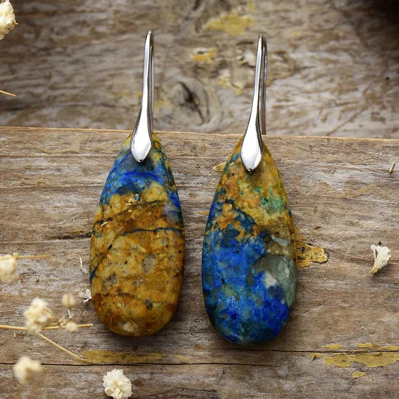 Teardrop Shape Natural Stone Dangle Earrings Blue Brown Silver One Size
