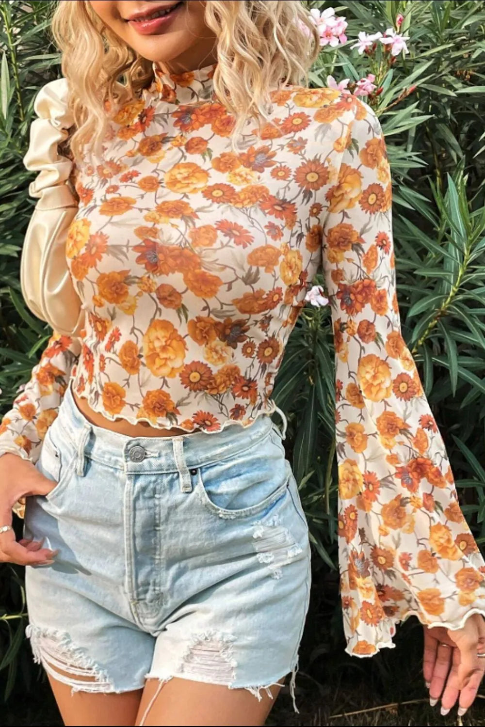 Trendy Printed Mock Neck Flare Sleeve Top - Slightly Stretchy Opaque Fabric, Perfect for Any Occasion