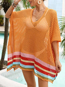 Slit Openwork V-Neck Half Sleeve Cover-Up Terracotta One size