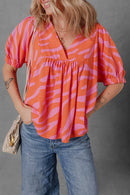 Zebra Stripe Print Ruched Cuff Half Sleeve V Neck Blouse