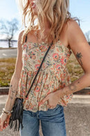 Floral Spaghetti Strap Peplum Cami Top - 100% Cotton, Opaque, Basic Style, Trendy Summer Wear - Store 42