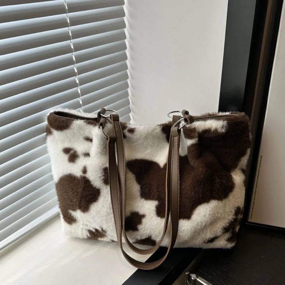 Large Cow Print Furry Tote Bag - Stylish Faux Fur, PU Leather, and Polyester Material