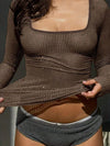 Devine Square Neck Long Sleeve Eyelet T-Shirt Brown