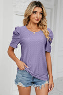 Trendsi Eyelet Puff Sleeve Blouse - Casual Round Neck Top for Every Occasion - Store 42