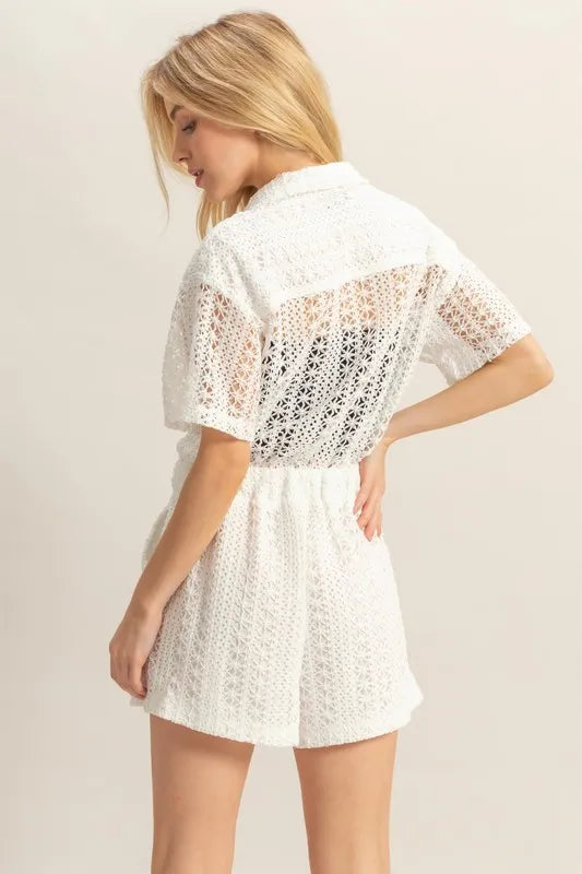 HYFVE Bohemian Crochet Button Front Short Sleeve Romper with Pockets - Summer Style