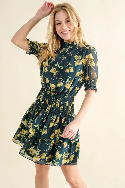 Floral Print Smocked Waist Mini Dress - Cute Summer Essential with Comfortable Fit