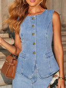 Button Down Vest and Wide Leg Jeans Denim Set
