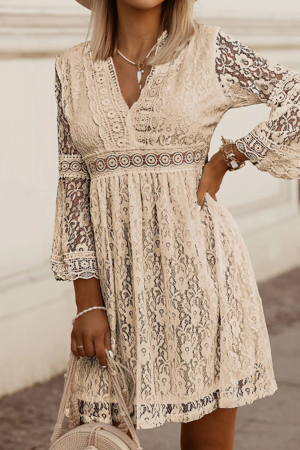 Elegant Lace V-Neck Dress with Three-Quarter Sleeves - Opaque and Unlined, Multiple Sizes