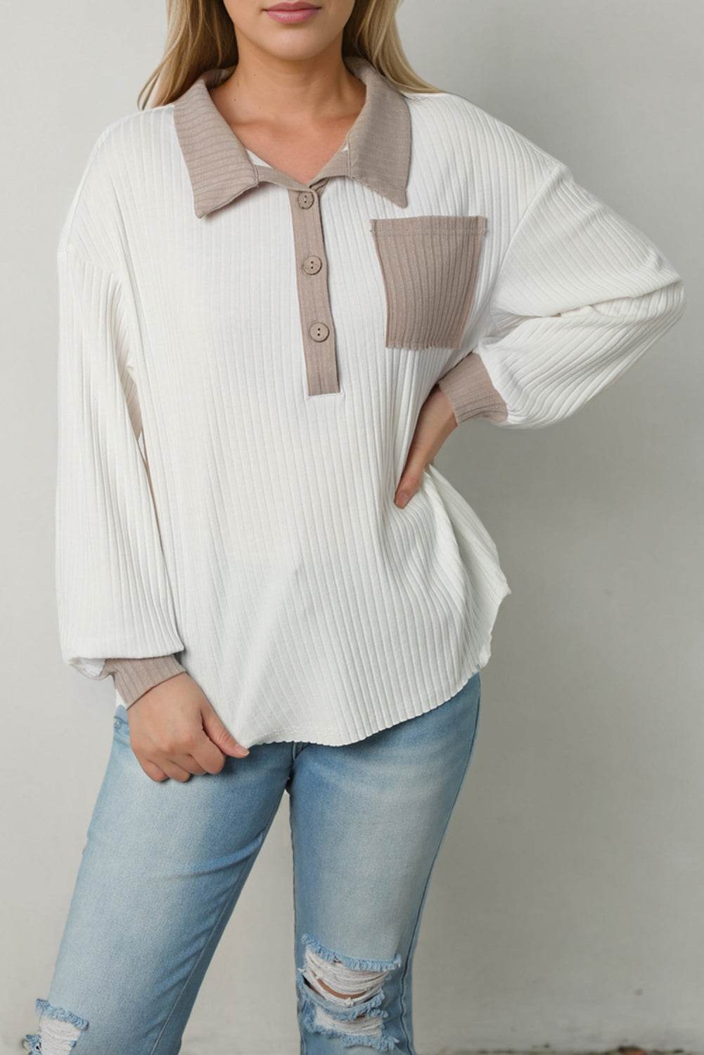 Trendsi Contrast Collared Neck Buttoned Top - Pocketed, Slightly Stretchy, Opaque Design