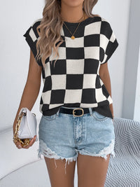 Checkered Round Neck Cap Sleeve Knit Top