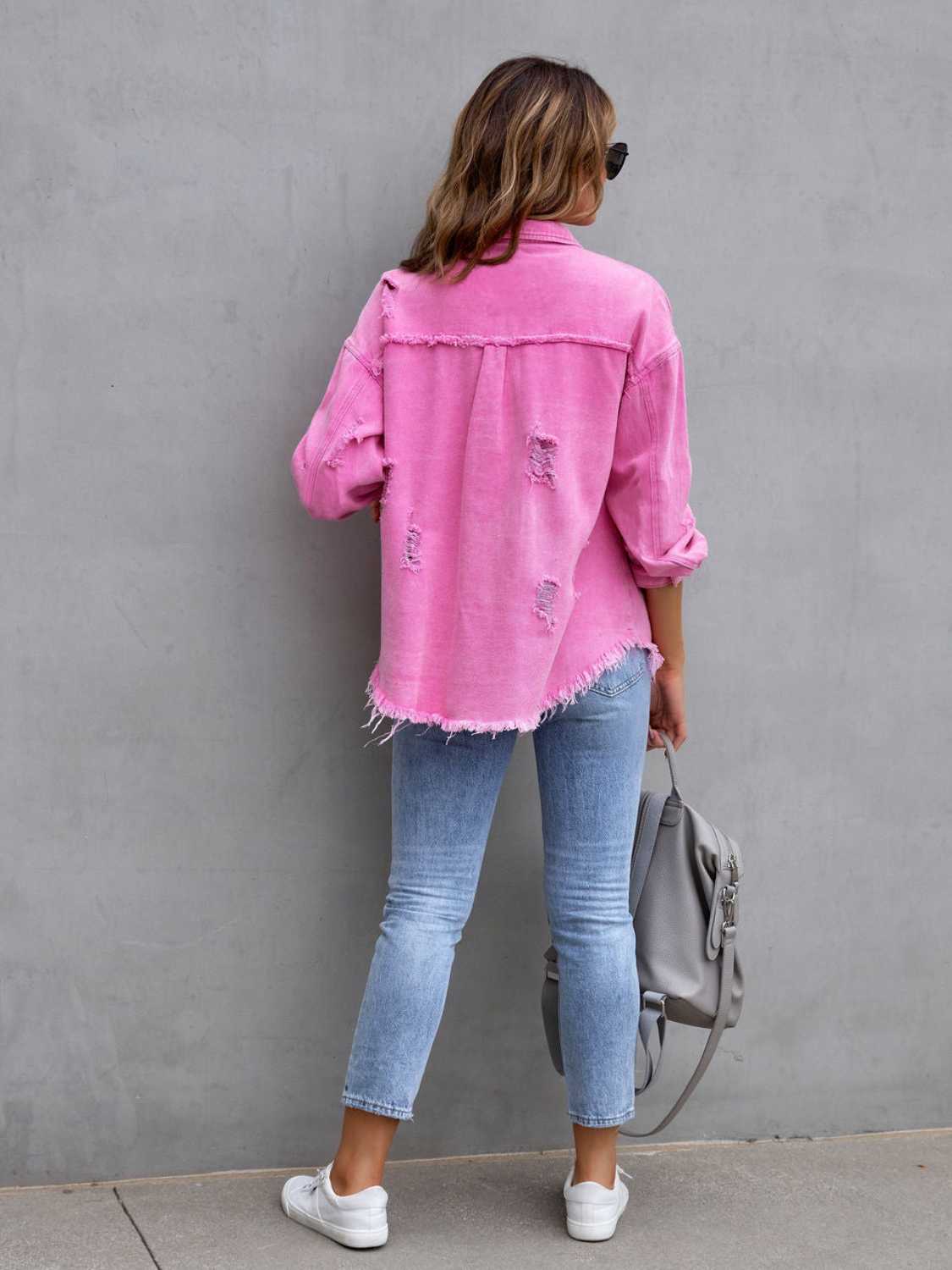 Fringed Distressed Drop Shoulder Denim Jacket for Women - 65% Cotton, 35% Polyester