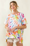 BiBi Tie Dye Print Jersey Top with Unique Uneven Hem - Casual Bohemian Style - Store 42