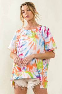 BiBi Tie Dye Print Jersey Top with Unique Uneven Hem - Casual Bohemian Style - Store 42