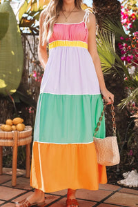 Color Block Flowy Tiered Maxi Dress with Pockets