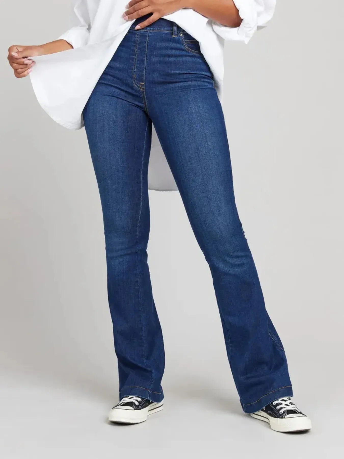 Plus Size Full Length High-Waisted Flare Jeans with Pockets - Slightly Stretchy Cotton Blend