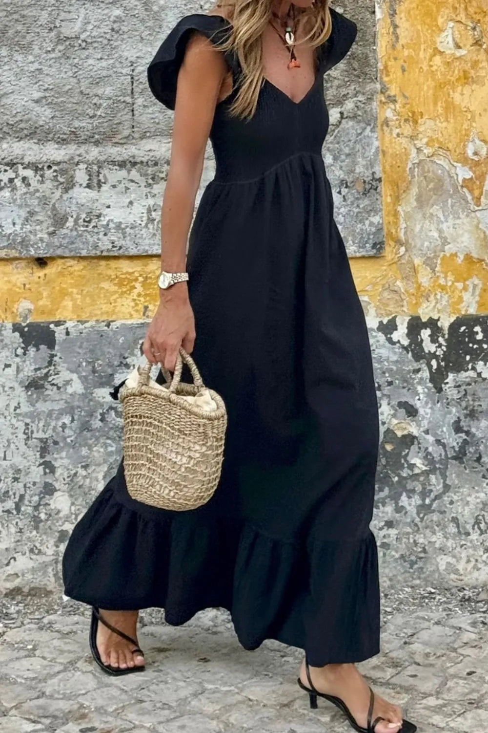V Neck Ruffled Cap Sleeve Maxi Dress in 100% Cotton - Opaque, Not Lined, Machine Washable