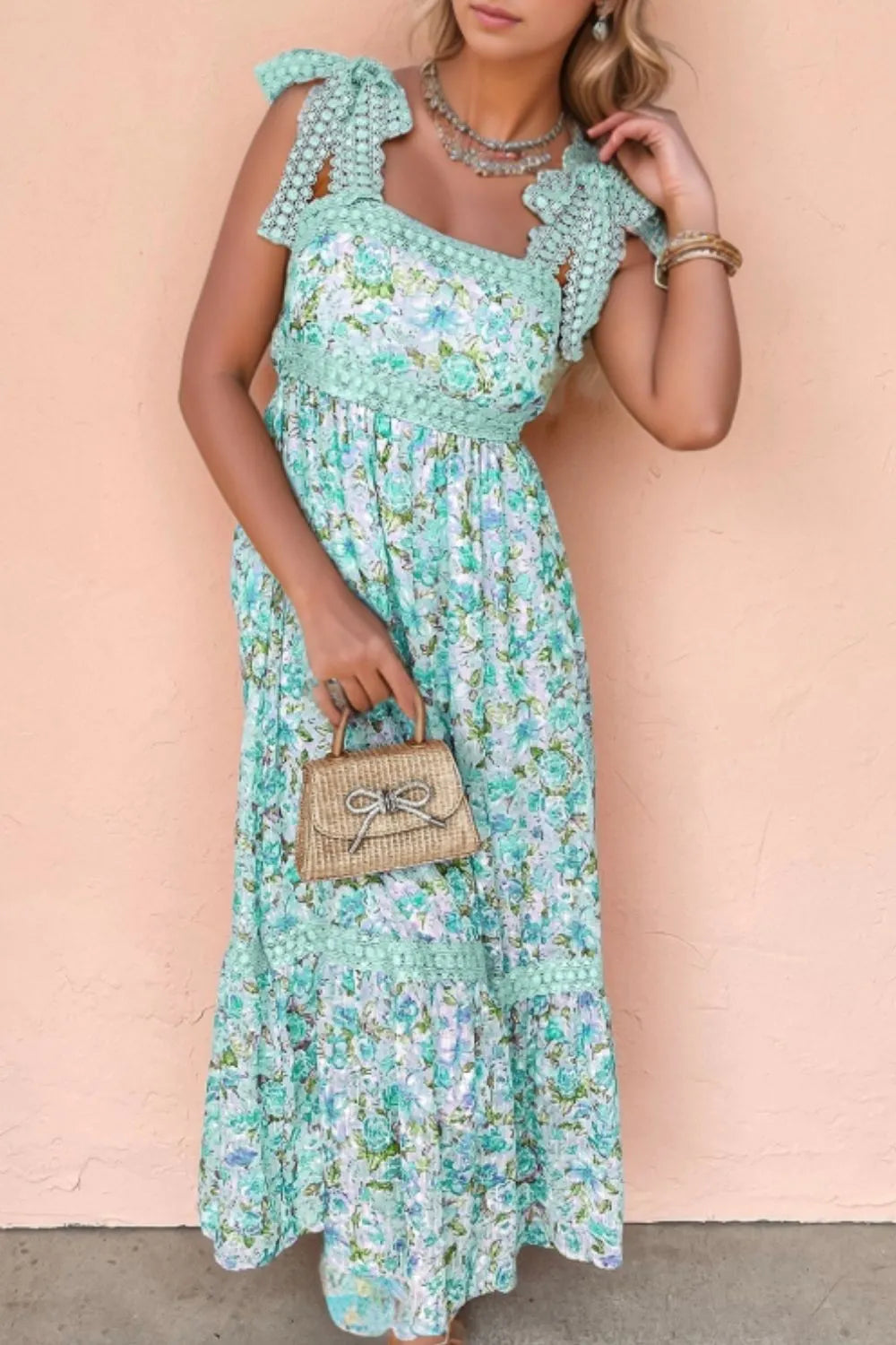 Floral Lace Detail Square Neck Dress - Partially Lined, Bow Tie Accent, Elegant Style