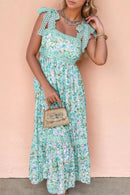 Lace Detail Square Neck Floral Dress Turquoise