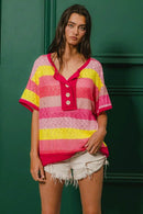 BiBi Multi Color Stripe Hacci Button Detail Ringer Top - Store 42